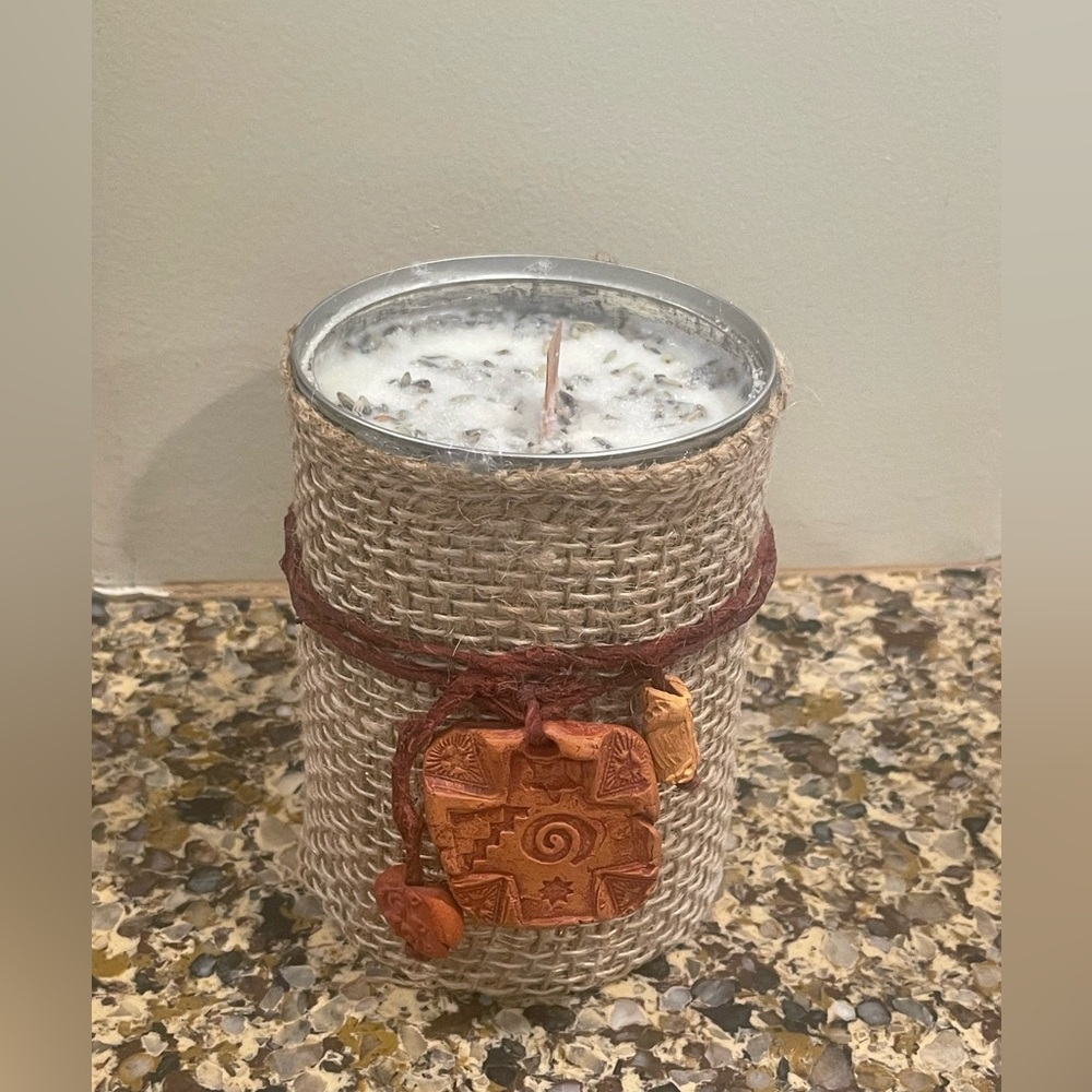 Rustic Burlap Candle with Decorative Accents Lavender Scent.  New. - Picture 2 of 3
